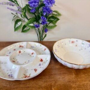 Lefard England Vintage Floral Divided Dish and Matching Serving Bowl – Gold Trim